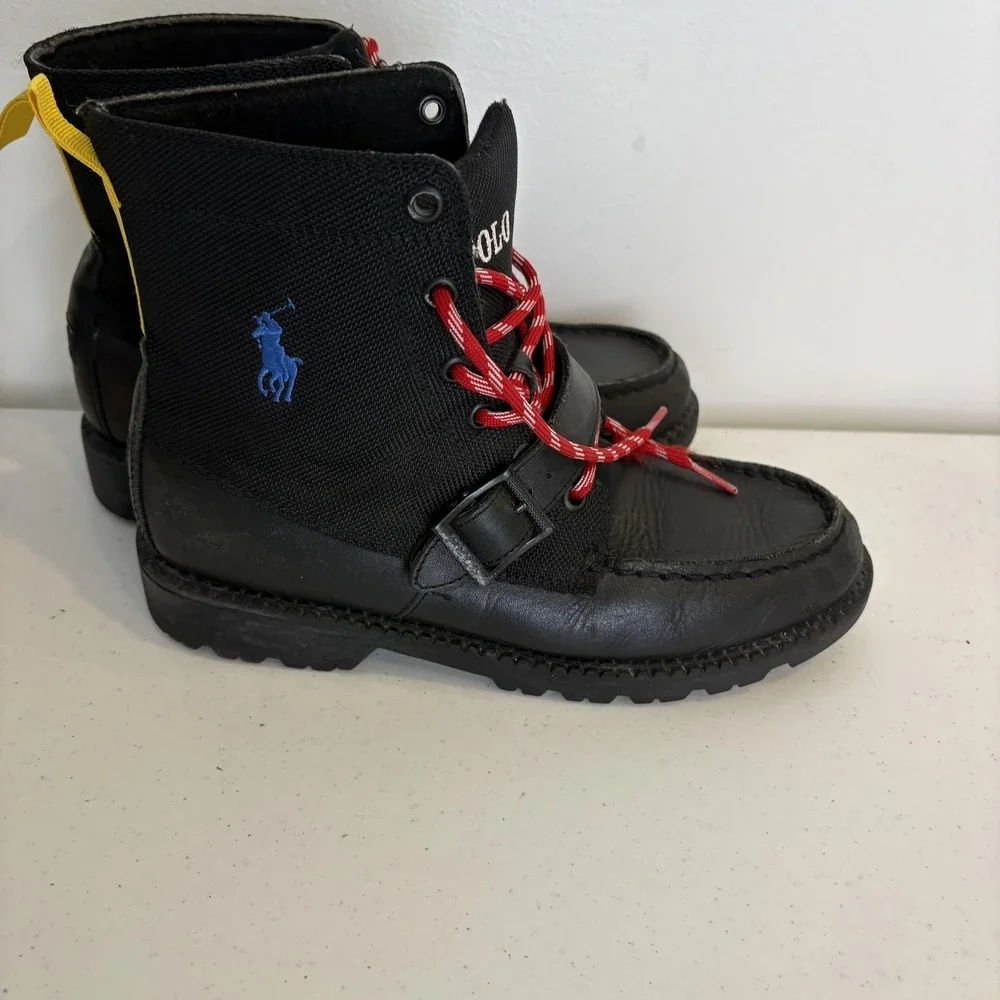 Polo Ralph Lauren Ranger II Boots Boys Size 5 Leather Textile Casual Red Laces‎